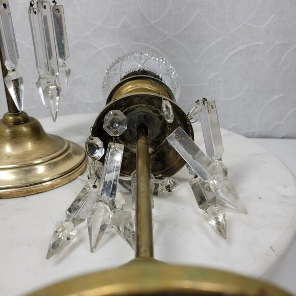 Antique Brass Girandole Candlesticks 11" Gold 8 Clear Hanging Crystals Set of 2 - Picture 4 of 16